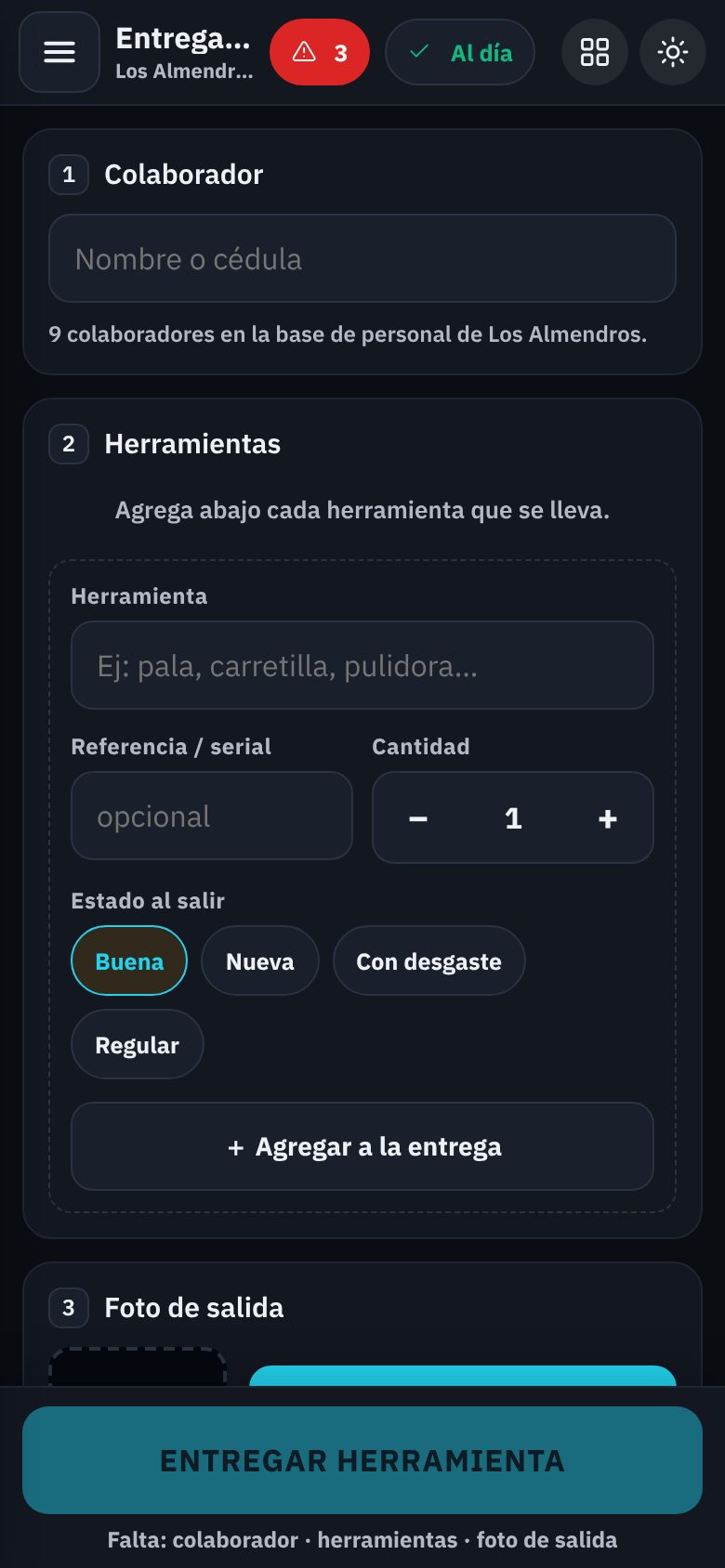 EVA Móvil, Almacén: entrega de herramienta al colaborador, vista noche