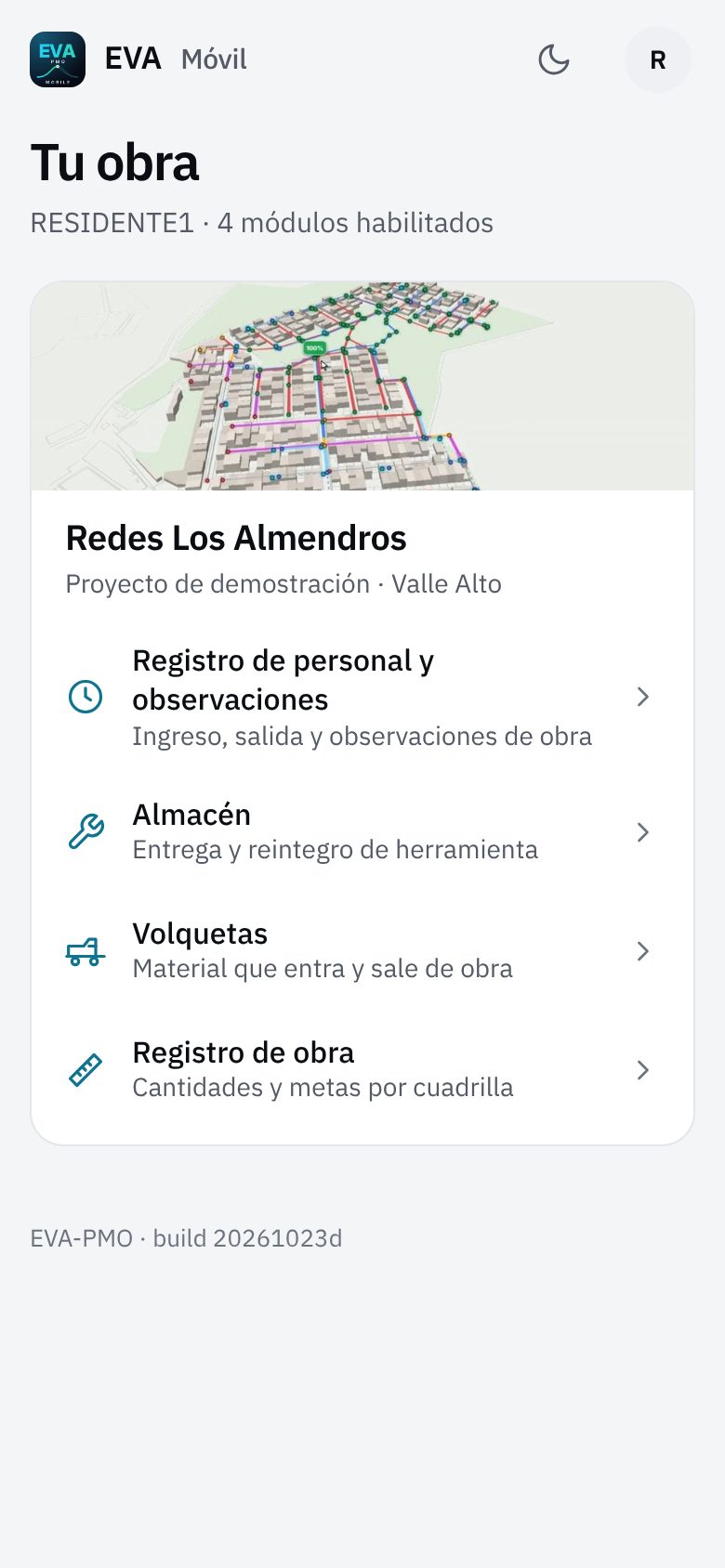 EVA Móvil: inicio con los módulos habilitados, vista día